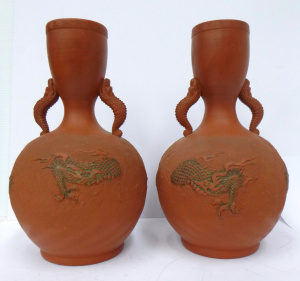 Lot 346 - Pair of Vintage Japanese Terracotta Tokaname Vases - raised dragon in