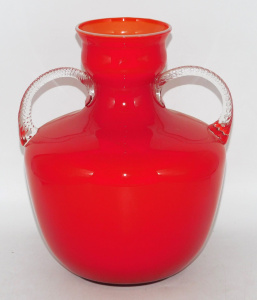 Lot 356 - Mid Century Italian Opalina Florentina Red Twin Handled Glass Vase - C