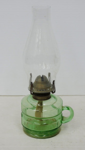 Lot 366 - 1930s Uranium Glass Oil Lamp with handle - Uranium glass Bowl - Brass