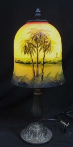 Lot 6 - Vintage 1980s metal Art Nouveau style Lamp w Hand Painted Glass shade fe