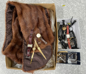 Lot 13 - Group - Mink fur stole, costume jewellery, heaps watches, ladies Cockta