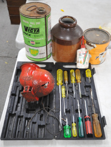 Lot 31 - Group Lot of Assorted Items incl Taddy Tobacco Jar, Screwdriver Set, Vi