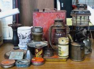 Lot 35 - Group Lot Blokey Items - incl Lanterns, Tins, Singer Sewing Machine Oil