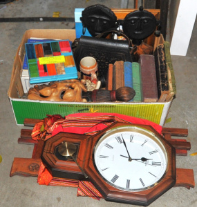 Lot 37 - Box Lot of Mixed Items incl Assorted Books, Carved Wooden Pces, Wall Cl
