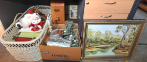 Lot 38 - Group Lot of Mixed Items incl Vintage Kids Books, Assorted Tins, Framed