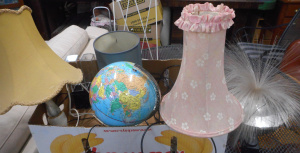 Lot 45 - Group lot of Lamps, incl Victorian Jamd painted satin lamp, Globe of th