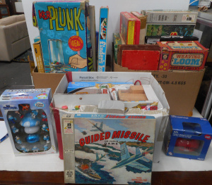 Lot 49 - 3 x Boxes Toys & Board Games, incl Ker Plunk, AFL Footy Money Bank,