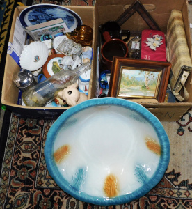 Lot 51 - 2 x Boxes mixed items incl Mixed Ceramics, glass, Snakeskin Clutch bag,