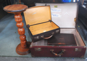 Lot 57 - Mixed Lot incl Turned Pine Pedestal, Large Leather Suitcase & 2 x L