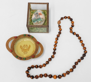 Lot 62 - 3 x Pces vintage incl Brass mounted glass Pin dish with Love birds to b