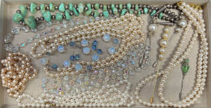 Lot 72 - Group costume jewellery - crystal necklaces, faux pearl necklaces, hat