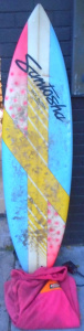 Lot 84 - Vintage 90s Santosha Thruster 3-fin surf Board shaped by Mick Button, 6