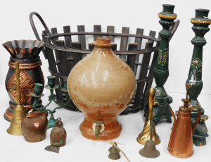 Lot 88 - Mixed Group lot incl Copper Vase 28cm H, Brass & Metal Bells, 3 arm