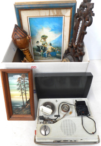 Lot 97 - Mixed Box lot, incl Small Russian Oil Painting (label verso), Portable