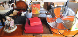 Lot 102 - Group Lot of Mixed Items incl Wooden Bowls, Modern Orange Fan, Ceramic