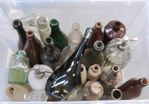 Lot 113 - Box of Vintage Mixed Glass Bottles incl Soda Siphons, Wine Bottles, Tr