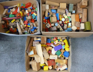 Lot 127 - 3 x Boxes of kids Wooden Toys incl Building Blocks, Alphabet Blocks, V