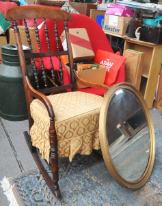 Lot 143 - Vintage 1930's Rocking Chair with Bobbin-Turned Back, Brocade Cushion