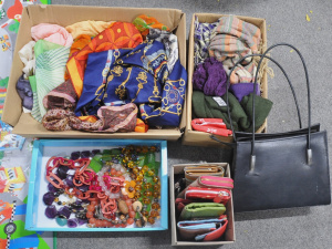 Lot 144 - 3 x Boxes Ladies Accessories incl Scarves, Handbags, Purses, Assorted