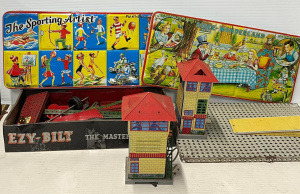 Lot 154 - Group mainly 50s tin toys - Ezy-Bilt building kit (truck), 2 x Train s