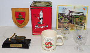 Lot 164 - Mixed Group lot Vintage incl Bensons Biscuit tin Desk stand w brass ca