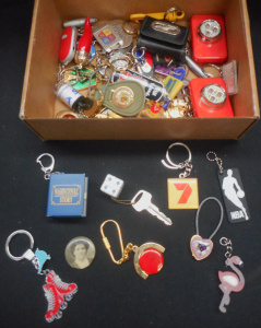 Lot 171 - Box assorted small items, incl keyrings, souvenirs, promotional give-a