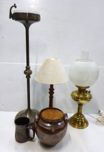 Lot 203 - Group lot of assorted items incl electric oil style lamp, vintage meta
