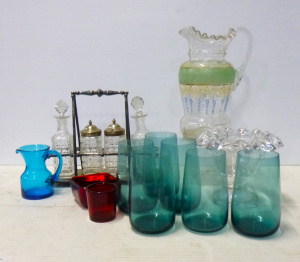 Lot 243 - Group lot of Vintage Glass incl Victorian hand enamelled jug, Ashberry
