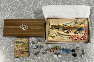 Lot 290 - Group - 1920s Ladies Japanese leather, celluloid & handpainted clu