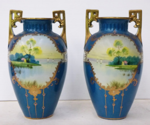 Lot 320 - Pair Vintage Nagoya SNB Nippon Japanese Porcelain Vases - Twin handles