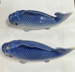 Lot 337 - Pair vintage ceramic blue Fish wall vases - 28cms long