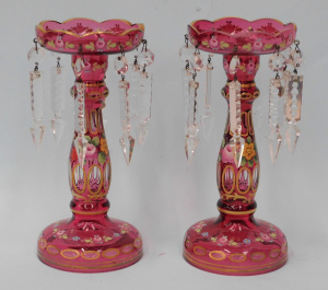 Lot 352 - Pair pretty Victorian Ruby Flash Cut Glass Lustres - all HPainted Flor