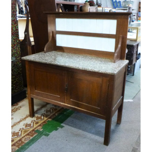 Lot 8 - Circa 1900 Wooden Washstand with white tiled back & reconstituted ma