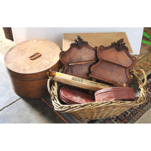 Lot 14 - Lot of Mixed Items incl Rega Brass Mist Sprayer, Hat box, Cane Basket,