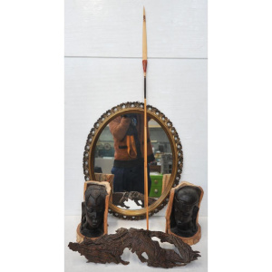 Lot 47 - Box Lot incl Carved Wooden Ebonized Bookends, tribal Spear, Wall Mounte