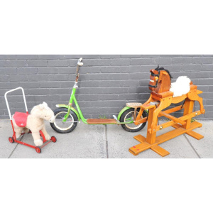 Lot 72 - Group Lot incl Vintage Green German Push Scooter & 2 x Rocking Hors