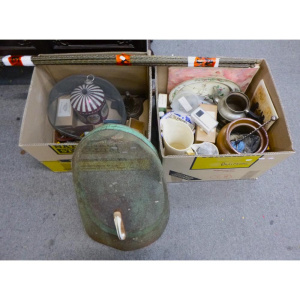 Lot 98 - 2 x boxes of assorted items inc vintage mesh food covers, tins, brass c