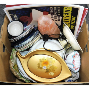 Lot 99 - Box lot mixed inc Salt Lamp, Reproduction travel posters, vintage china