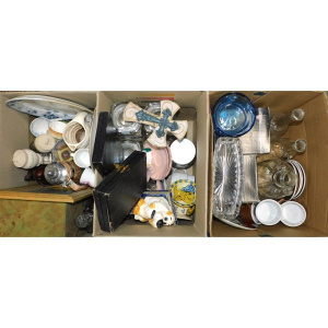 Lot 109 - 3 x Boxes mixed items inc Boxed Glassware, china, decanters, glass jar