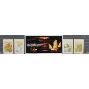 Lot 130 - Group lot - Oriental Painitngs - large Kitsch oil on Velvet + set of 4