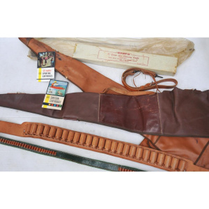 Lot 140 - Box Lot Vintage Rifle Accessories - incl Cases, Cleaning Outfit, Belts