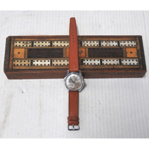 Lot 268 - 2 x pieces - Old inlaid Cribbage Board box + vintage Mens Wind Up Time