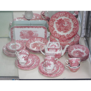 Lot 318 - Vintage Enoch Wedgwood Dinner set for 6 plus extras Red Woodland patte