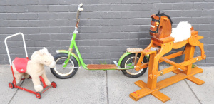 Lot 74 - Group Lot incl Vintage Green German Push Scooter & 2 x Rocking Hors