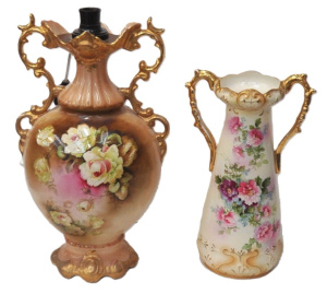 Lot 76 - 2 x pieces Edwardian Blush ware - Large vase converted to Lamp + Twin H