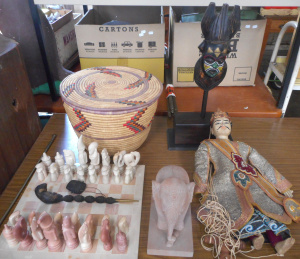 Lot 81 - Group lot Eastern Items, incl African Carved stone chess set, Indian pu