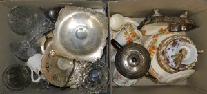 Lot 85 - 2 x Boxes mixed inc 1930s Grindley part dinner set, crystal vases, EPNS