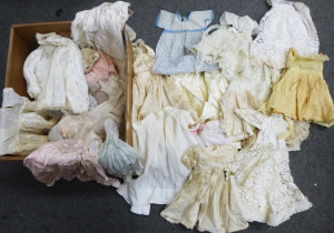 Lot 122 - Box lot of Vintage Dolls Clothing inc, early 1900s, silk, formal, brid
