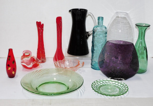 Lot 131 - Group lot Coloured & Clear glass inc Vintage deep ruby Jug w clea