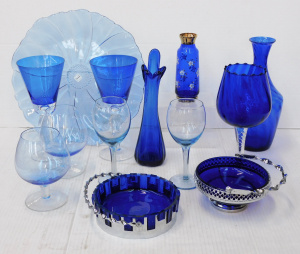 Lot 224 - Group lot of Blue Glass inc Brandy Balloons, Finger Vase, Gilt & E